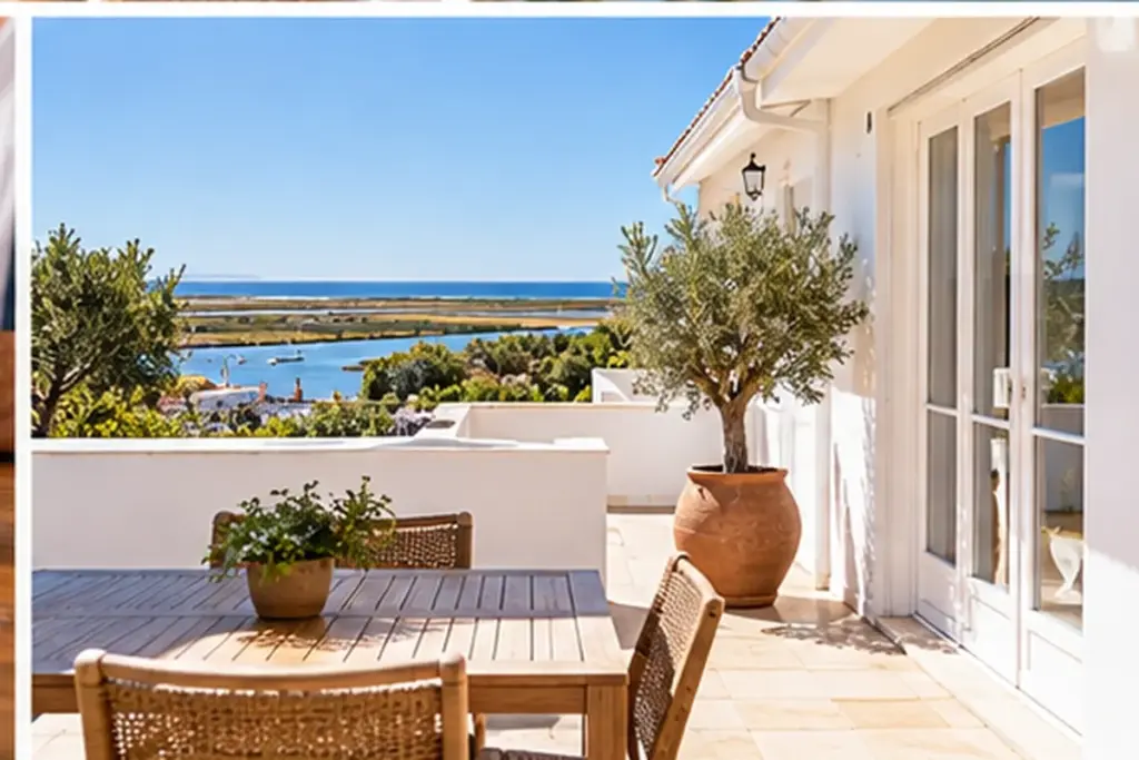 Professionally presented terrace overlooking an Algarve coastal landscape, illustrating property marketing in Tavira.