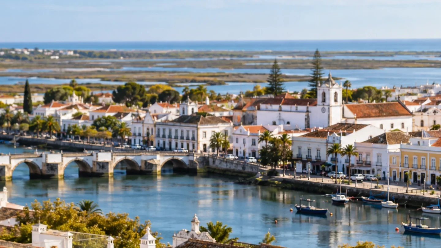 Tavira old town and Roman bridge over the Gilão River, Algarve, in an AI-generated illustration